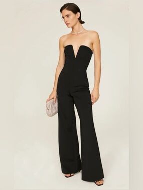 Good American Black Strapless V- Scuba  Wide-Leg Jumpsuit